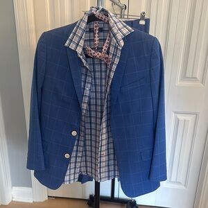 Blue Checkered Blazer with Plaid Shirt and Tie